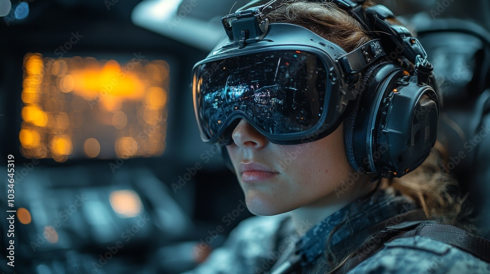 Fototapete a member of the military wears a headset and virtual reality goggles, focused on advanced equipment 