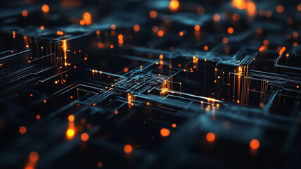 Abstract digital landscape with glowing circuits and lights in a futuristic setting