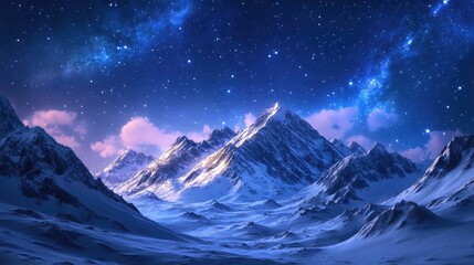 Starry night sky above snow covered mountains in winter Stunning landscape featuring snowy rocks blue clouds and twinkling stars in the mountain valley