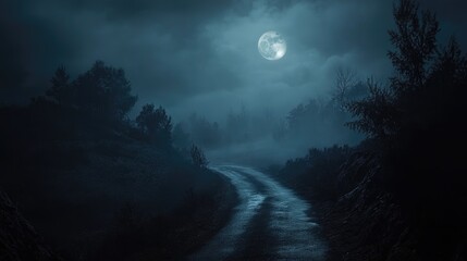 Fototapeta premium Fog envelops a mysterious forest illuminated by moonlight with asphalt pathways hills and trees creating a mystical atmosphere in a foggy night setting