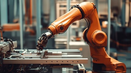 A close-up view of an industrial robotic arm showcasing intricate mechanical features in a modern manufacturing facility