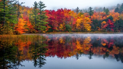 Beautiful fall foliage reflected in the still waters of a quiet lake during a misty autumn morning