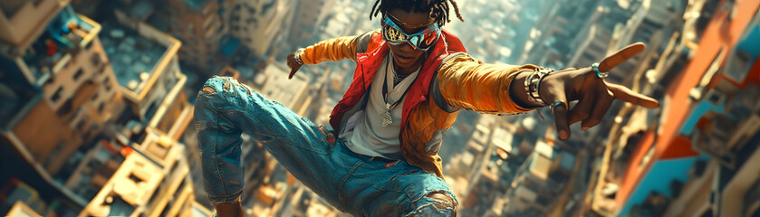 A Man Wearing Sunglasses and a Red and Yellow Jacket Leaps from a Building with a Cityscape Background