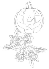 One continuous line of Jack O' Lantern with rose flowers. Thin Line Illustration vector concept. Contour Drawing Creative ideas.