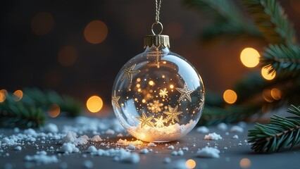 Christmas lights and stars in a golden ball hanging fir branch with golden glitter on a blue abstract night