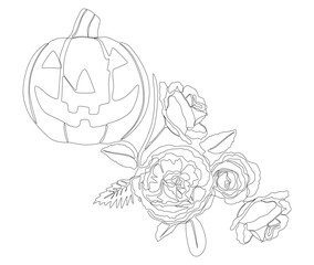 One continuous line of Jack O' Lantern with rose flowers. Thin Line Illustration vector concept. Contour Drawing Creative ideas.