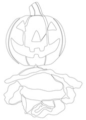 One continuous line of Jack O' Lantern with rose flowers. Thin Line Illustration vector concept. Contour Drawing Creative ideas.