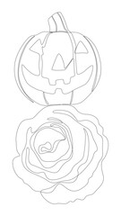 One continuous line of Jack O' Lantern with rose flowers. Thin Line Illustration vector concept. Contour Drawing Creative ideas.
