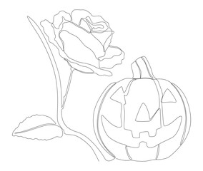 One continuous line of Jack O' Lantern with rose flowers. Thin Line Illustration vector concept. Contour Drawing Creative ideas.