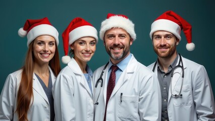 Group of doctors in Santa hats with Christmas sparklers and champagne at hospital