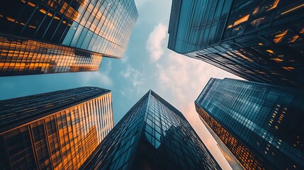 Skyscrapers rising towards a clear blue sky in a bustling urban area on a sunny day