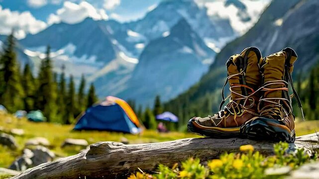 hiking boots  and  a tent  in the background