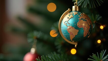 New Year's toy in the form of a globe hanging on a Christmas tree. Small globe, one world concept