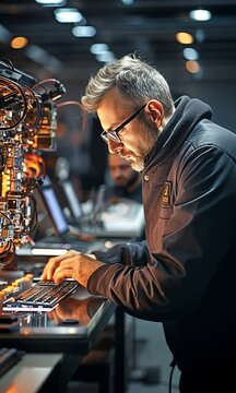 an engineer carrying a laptop An enormous completely automated machine is controlled by a programmable logic controller.