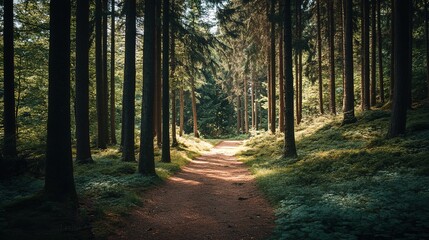 Obraz premium Sunlight filters through dense trees along a serene forest path in the early morning, creating a peaceful atmosphere