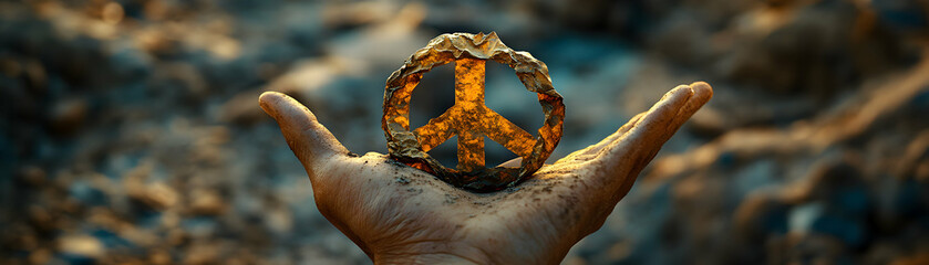 A weathered peace sign is held in a hand against a blurred background of earth tones and blues, symbolizing hope and a desire for peace in a troubled world.