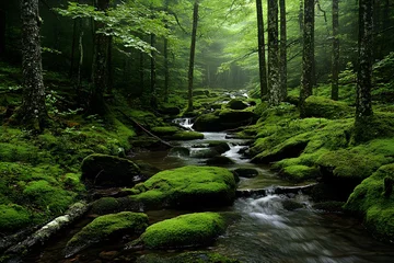 Fleecedeken met foto Mossy Creek Flowing Through Lush Green Forest © senyumanmu