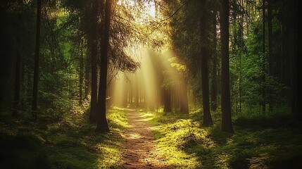 Obraz premium Sunlight filters through dense trees along a serene forest path in the early morning, creating a peaceful atmosphere
