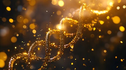 A Golden DNA Strand with Sparkling Bokeh Lights