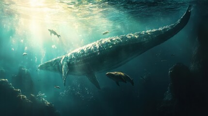 Fototapeta premium A giant mosasaur hunting smaller marine creatures in the deep waters of a prehistoric ocean.