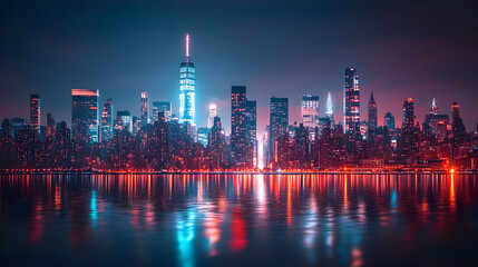 Fototapeta premium Nighttime Cityscape with Brightly Lit Buildings Reflected in Calm Water