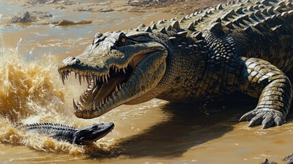 Obraz premium A giant, predatory crocodile attacking a smaller reptile along the edge of a prehistoric river.