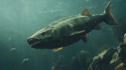 Fototapeta premium A giant prehistoric fish hunting smaller species in the murky depths of an ancient ocean, surrounded by marine life.