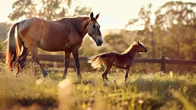 Playful foal exploring with mother in sunny paddock, Video