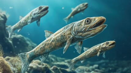 A group of early jawless fish species swimming along the ocean floor in prehistoric seas.