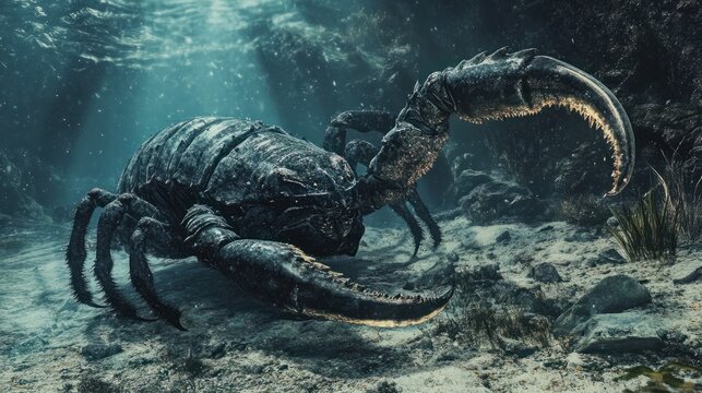 A giant sea scorpion lunging at a trilobite on the ocean floor, claws outstretched in a deadly attack.