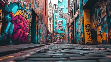 Fototapeta premium A skater maneuvers through a vibrant graffiti-filled park in the evening glow of urban lights