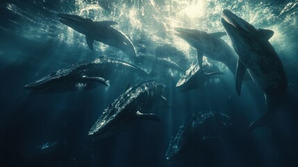 Fototapeta premium A group of mosasaurs swimming near the surface of a prehistoric ocean, searching for prey.