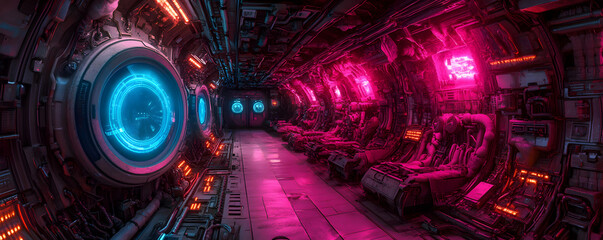 A Futuristic Cyberpunk Corridor With Pink and Blue Neon Lights in an Imaginary Spaceship or Underground Base