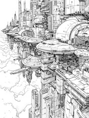 Fototapeta premium Future city coloring page in cartoon style. Futuristic street illustration in hand drawing sketch coloring book.