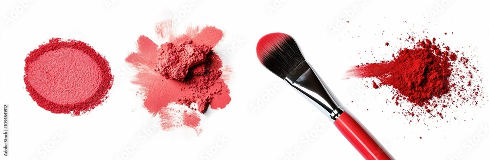 Wall mural set of red makeup paint powder and brush isolated on white or transparent background png