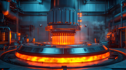 A 3D Render of a Futuristic Industrial Machine with Molten Metal Flowing in a Circular Chamber, Illuminated by Glowing Orange Light