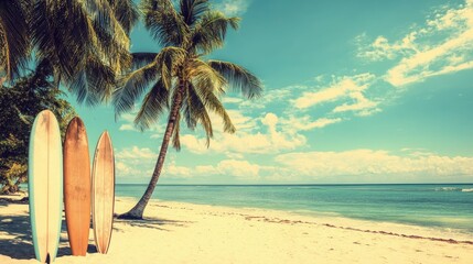 Colorful surfboards standing on a beach with beautiful sea and palm trees background in summer time