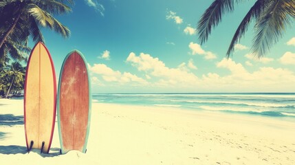 Colorful surfboards standing on a beach with beautiful sea and palm trees background in summer time