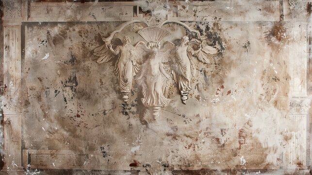 A weathered, vintage-inspired plaster ceiling with a relief sculpture of three angels.