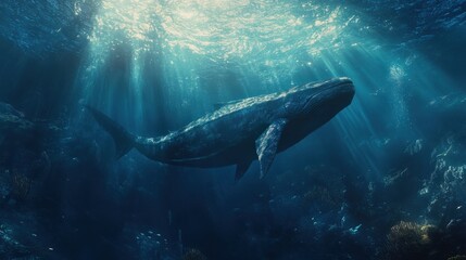 A massive ichthyosaur swimming through the deep waters of a Mesozoic ocean, surrounded by smaller marine life.