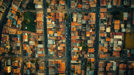 Aerial view of densely populated city suburb with tightly packed houses, showcasing vibrant mix of rooftops and streets. scene captures essence of urban living