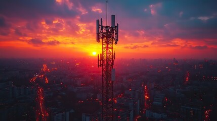 Naklejka premium base station receiver on telecommunication tower against vibrant sunset over cityscape symbolizing connectivity and communication.stock image