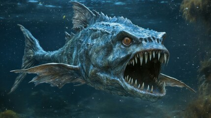 A prehistoric fish with sharp, jagged teeth swimming through the deep waters of a primeval ocean.