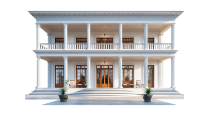 stunning colonial style mansion featuring wide veranda and elegant wooden pillars, exuding charm and sophistication on transparent background