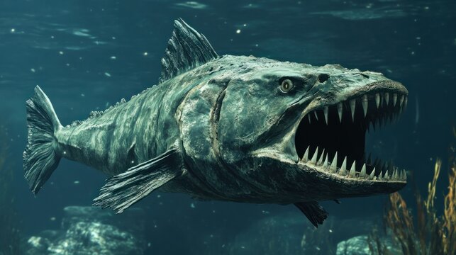 A prehistoric fish with sharp, jagged teeth swimming through the deep waters of a primeval ocean.
