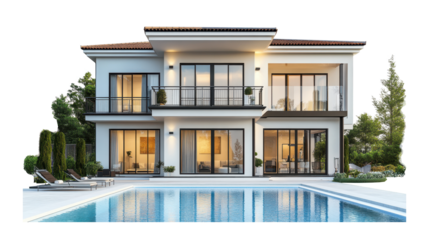 Luxurious suburban house with swimming pool, featuring modern exterior and elegant design. property showcases large windows, spacious patio, and beautifully landscaped surroundings