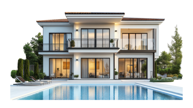 Luxurious suburban house with swimming pool, featuring modern exterior and elegant design. property showcases large windows, spacious patio, and beautifully landscaped surroundings