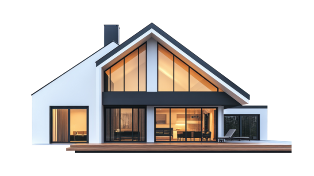 Modern farmhouse with clean lines and large windows, showcasing blend of rustic elements and contemporary design. spacious layout invites natural light on transparent background