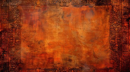 Intricate Mayan-inspired carvings frame an aged, orange background.