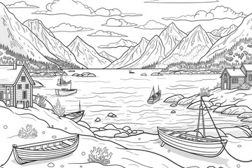Coloring book illustration of a snowy fishing village with mountains sea boats and houses during winter at sunset Scenic panorama with clouds and tranquil waters